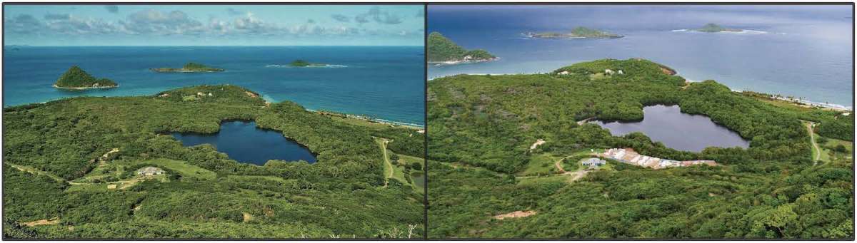 Levera Pond in June 2019 before (left; photo by Reginald Joseph) permission was granted by the Physical Planning Unit to clear vegetation. Levera Pond in August 2020 (right; photo by Orlando Romain) after temporary housing and storage containers were built for migrant workers to build the mega-resort, which will include a water park, golf course, villas, and 500 room hotels. Based on a recent survey of stakeholders in the communities in and around Levera, more than two thirds of community persons would prefer that this area is established as a National Park and Recreational Area – only 15% support hotel development.